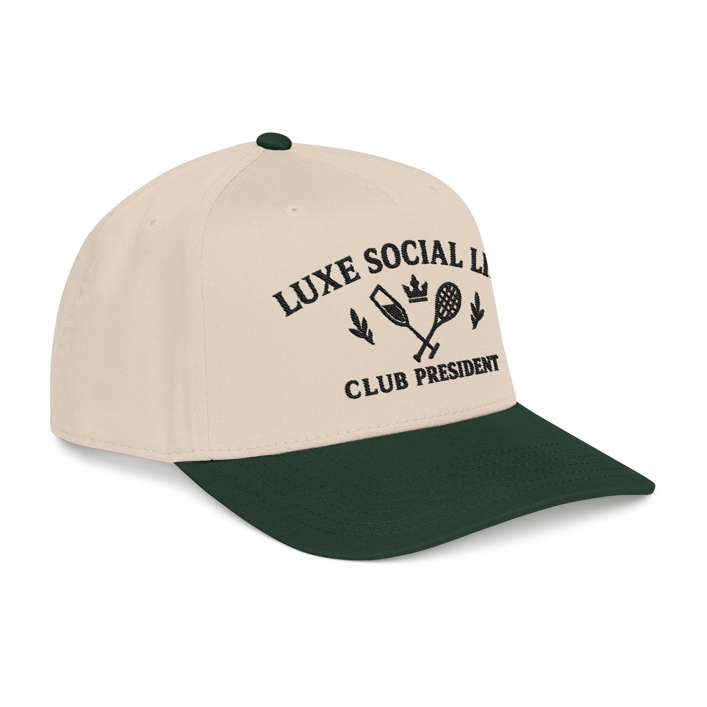 Luxe Social Life Club President Baseball Cap — Embroidered Preppy Tennis & Crown Design