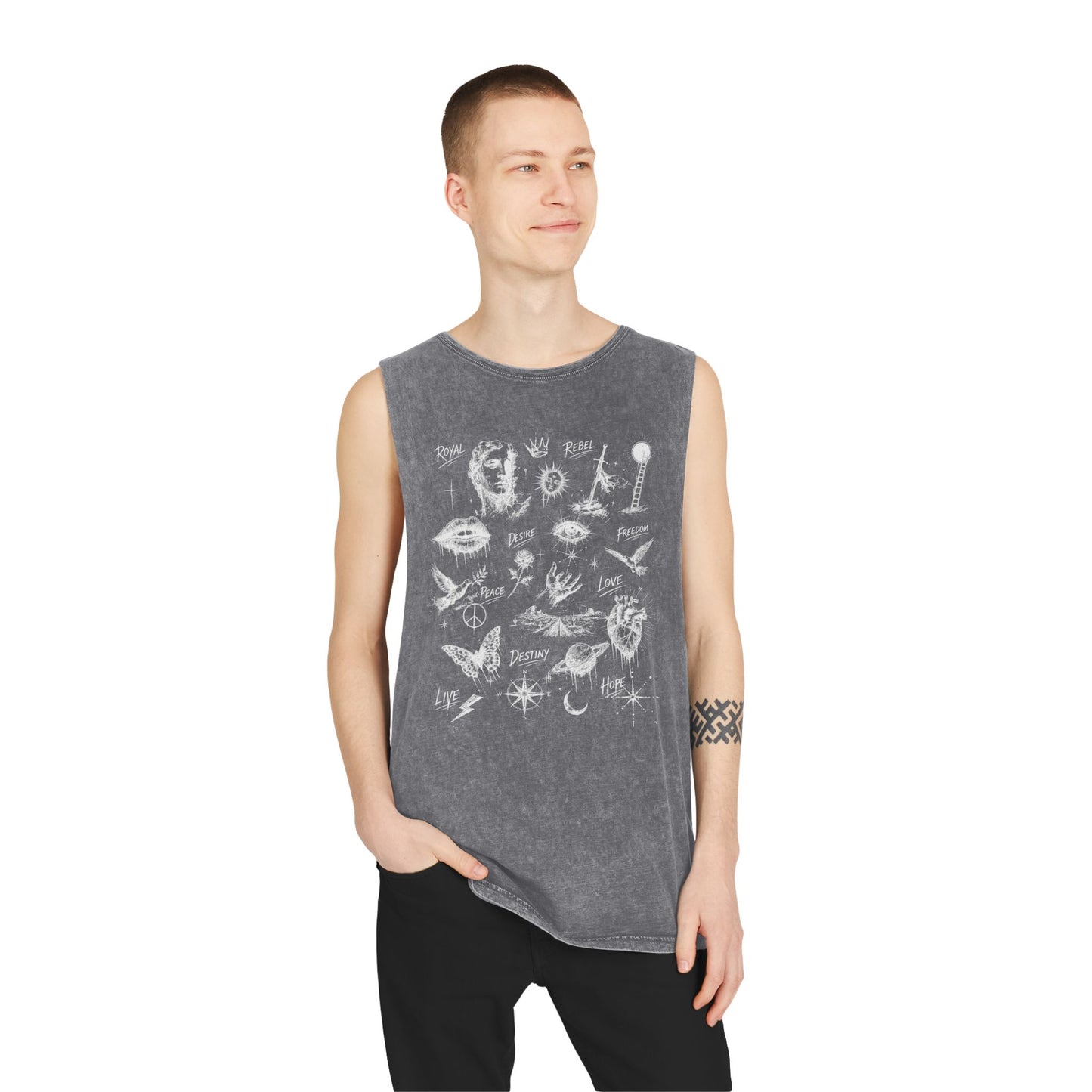 Royal Rebel® Ethereal Sketch Unisex Stonewash Tank - Edgy Unisex Hoodie for Creative Minds